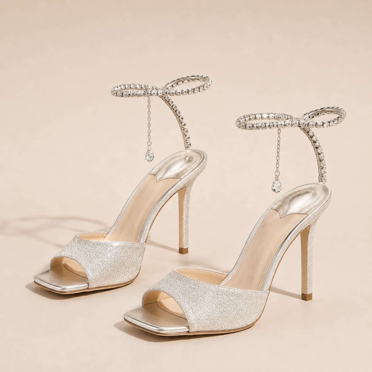 Glitter and Rhinestone Ankle Strap Square Stiletto Heels 695399992506 - Siver Glitter / 34 / 7 Days - COCOMELODY